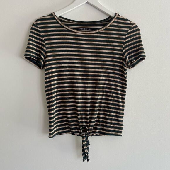 American Eagle Outfitters Tops - American Eagle Striped Tie-Front Green Short Sleeve Tee Size XS